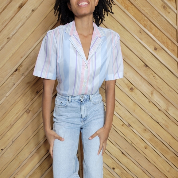 Vintage Pastel Striped Button-up Blouse - Picture 4 of 13